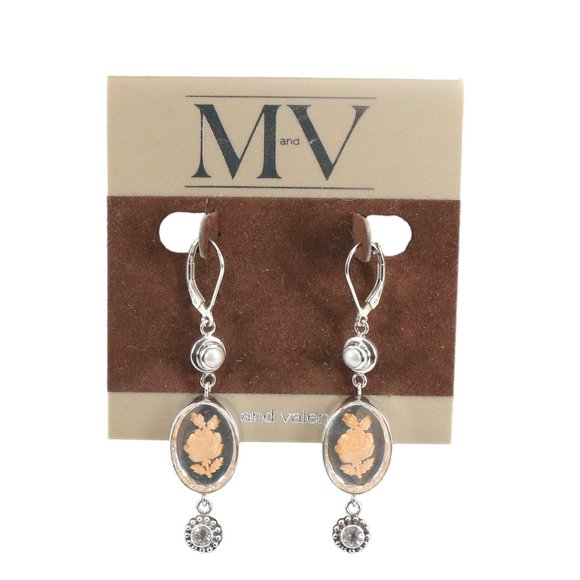 New Mars and Valentine Vintage Sterling Silver Pearl Rose Crystal Dange Earrings - Picture 2 of 8
